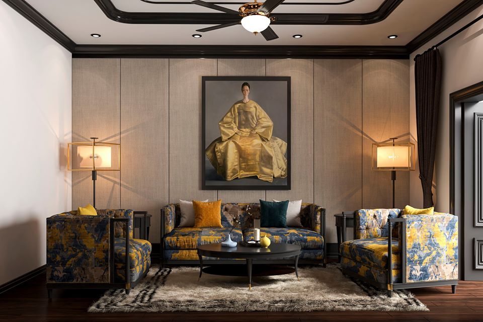 Mẫu thiết kế nội thất phòng khách Indochine ấm cúng