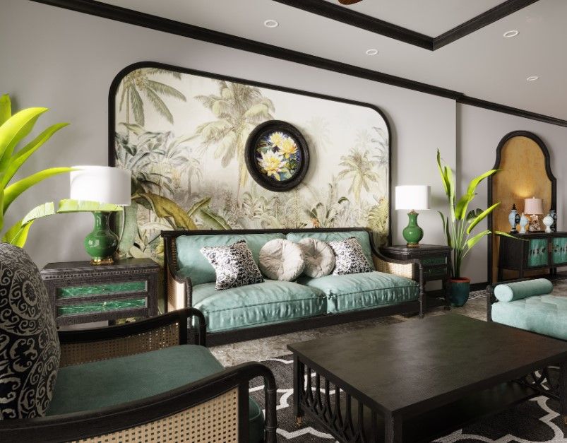 Mẫu thiết kế nội thất phòng khách Đông Dương đậm chất nhiệt đới