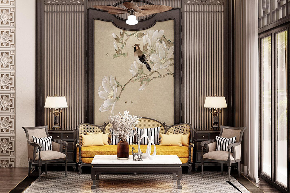 Mẫu thiết kế nội thất phòng khách Indochine cao cấp