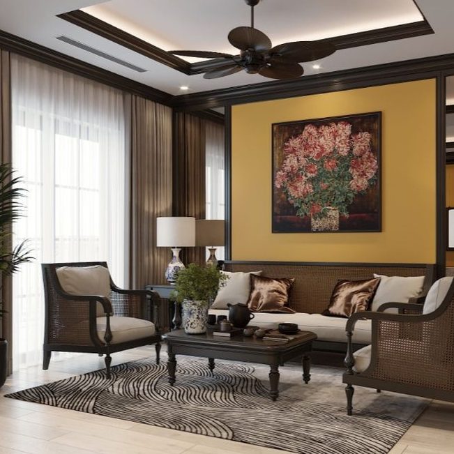 Mẫu thiết kế nội thất phòng khách Indochine đơn giản, hiện đại