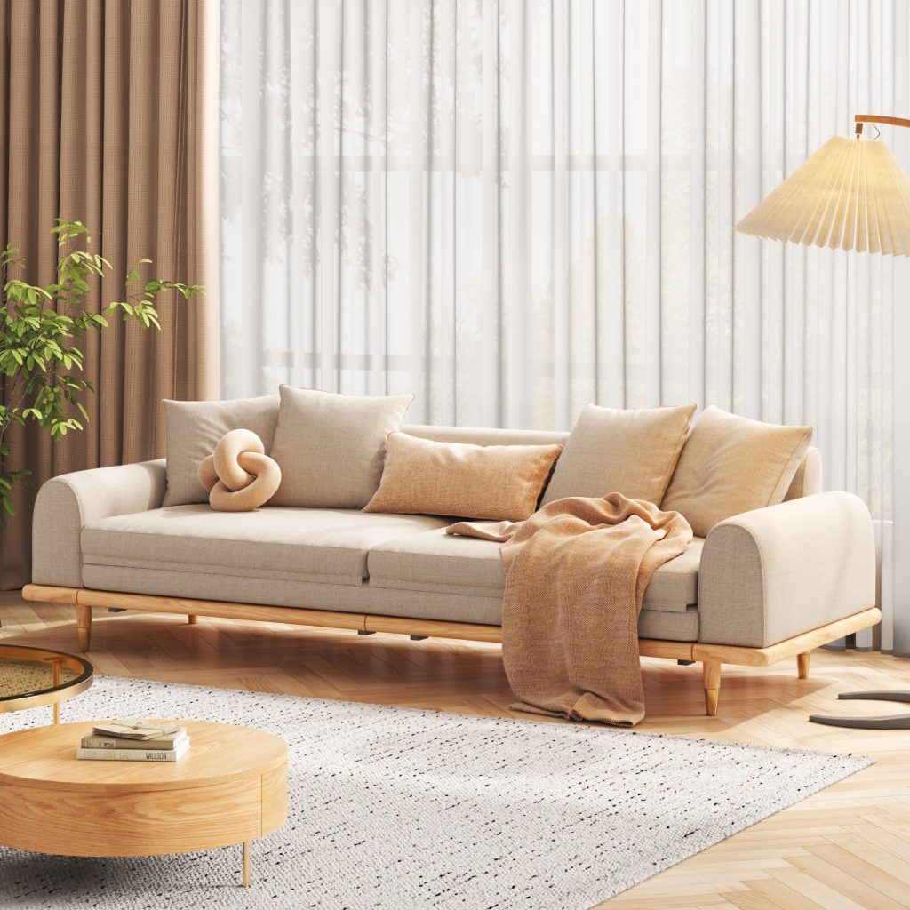 Sofa phong cách Bắc Âu nổi bật trong không gian tông trắng nhẹ nhàng