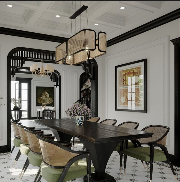 Bàn ăn phong cách Indochine mang lại cảm giác mộc mạc nhưng cũng không kém phần tiện nghi, hiện đại