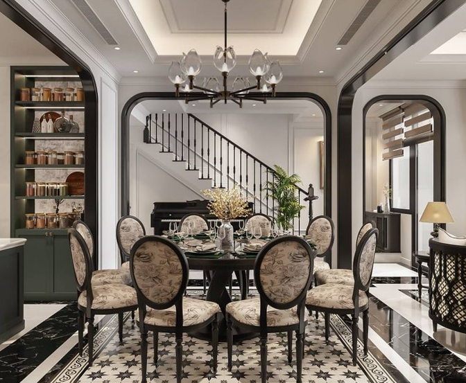 Mẫu bàn ăn Indochine nệm có hoa văn