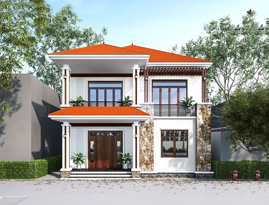 Mẫu nhà vuông 2 tầng mái thái đơn giản cho các gia đình nông thôn