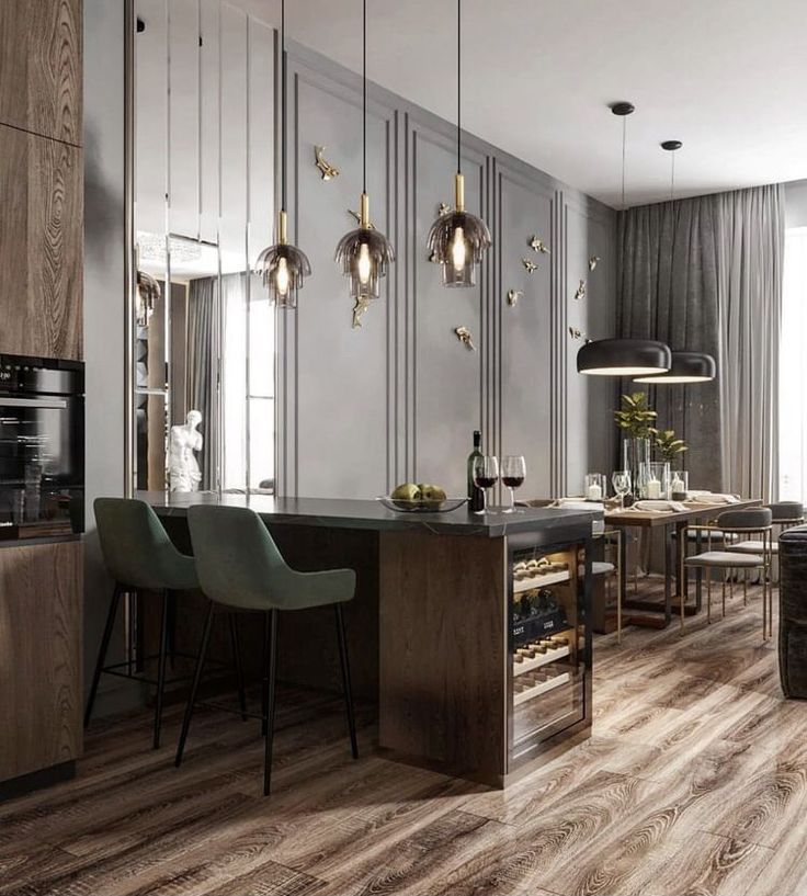 Mẫu căn hộ chung cư có phòng khách liền bếp phong cách tân cổ điển