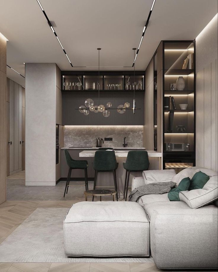 Phòng khách liền bếp giúp tiết kiệm diện tích cho căn hộ chung cư hơn