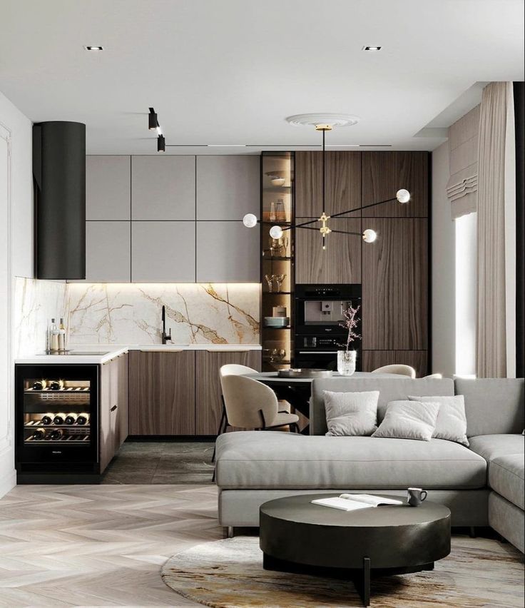 Sử dụng vật liệu gỗ công nghiệp trong thiết kế nội thất phòng khách liền bếp