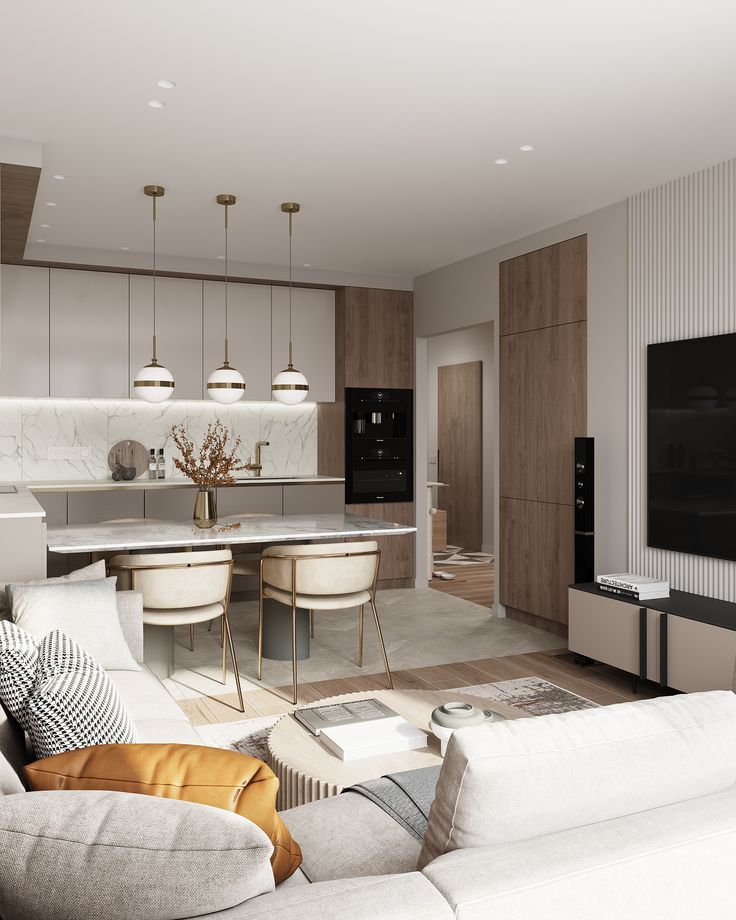 Mẫu thiết kế phòng khách liền bếp hiện đại