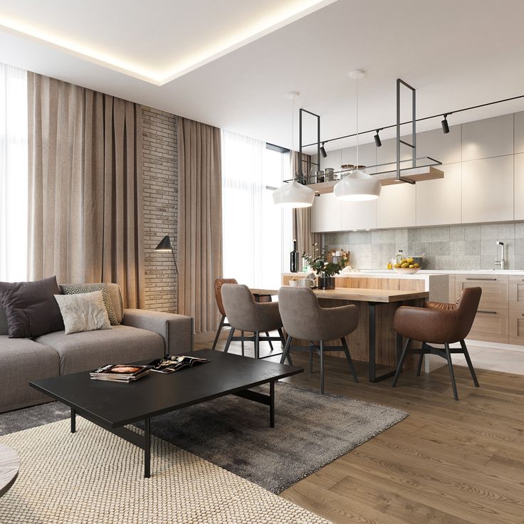 Nội thất phòng khách liền bếp đẹp theo phong cách hiện đại