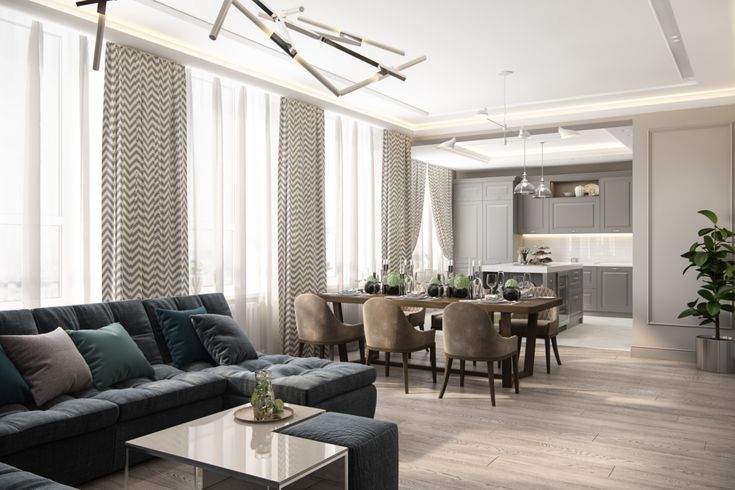 Mẫu căn hộ phòng khách liền bếp phong cách tân cổ điển sang trọng