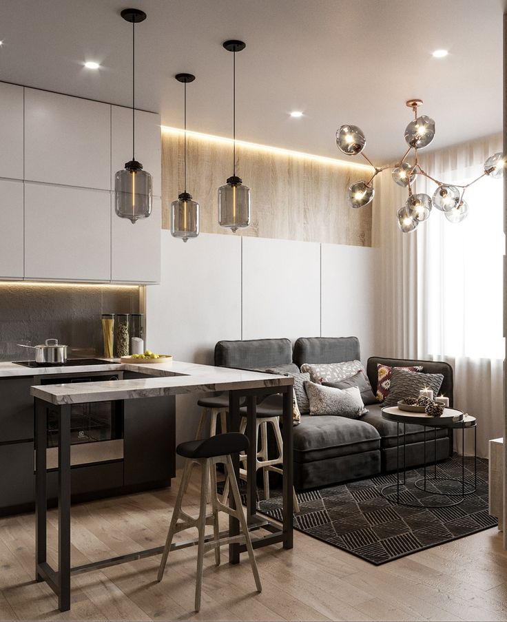 Mẫu thiết kế nội thất phòng khách liền bếp 20-30m2