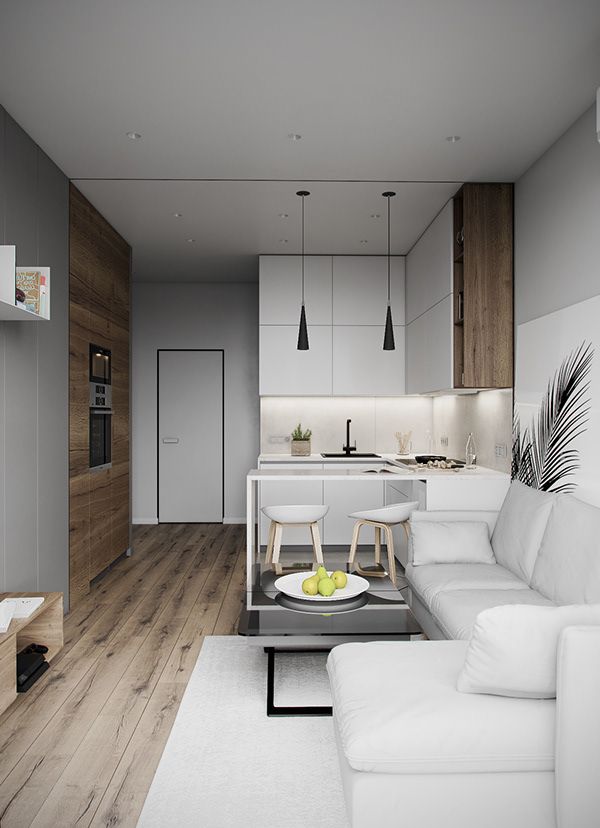 Mẫu phòng khách liền bếp tông trắng cho căn hộ chung cư