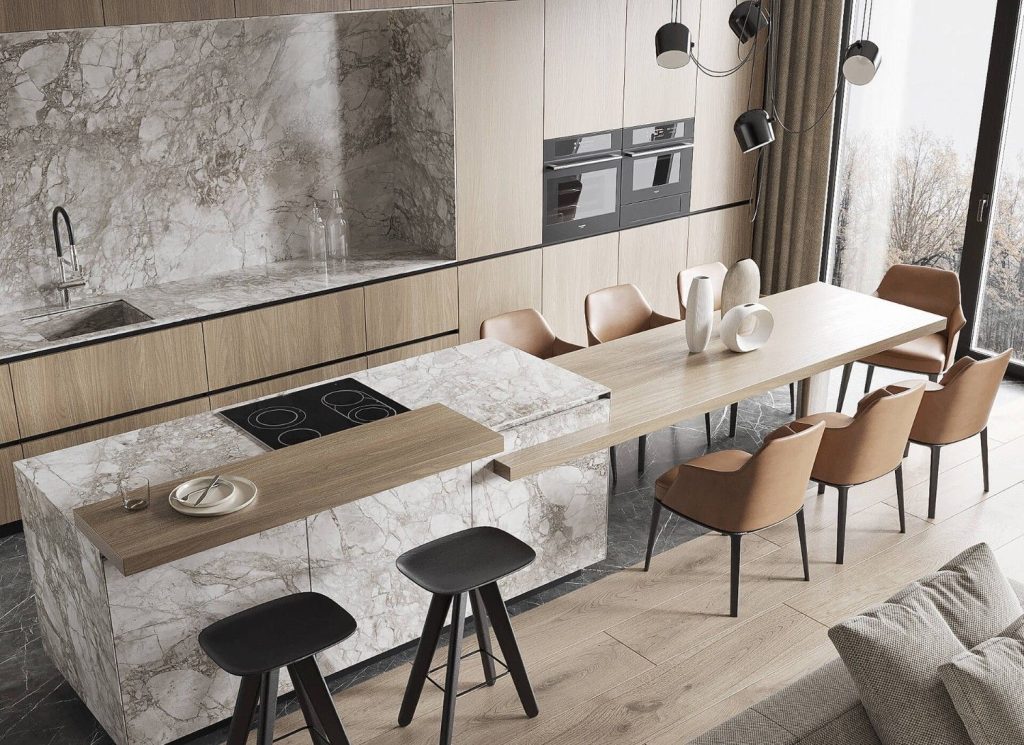 Mẫu quầy bar bằng đá và gỗ cao cấp nhà ống