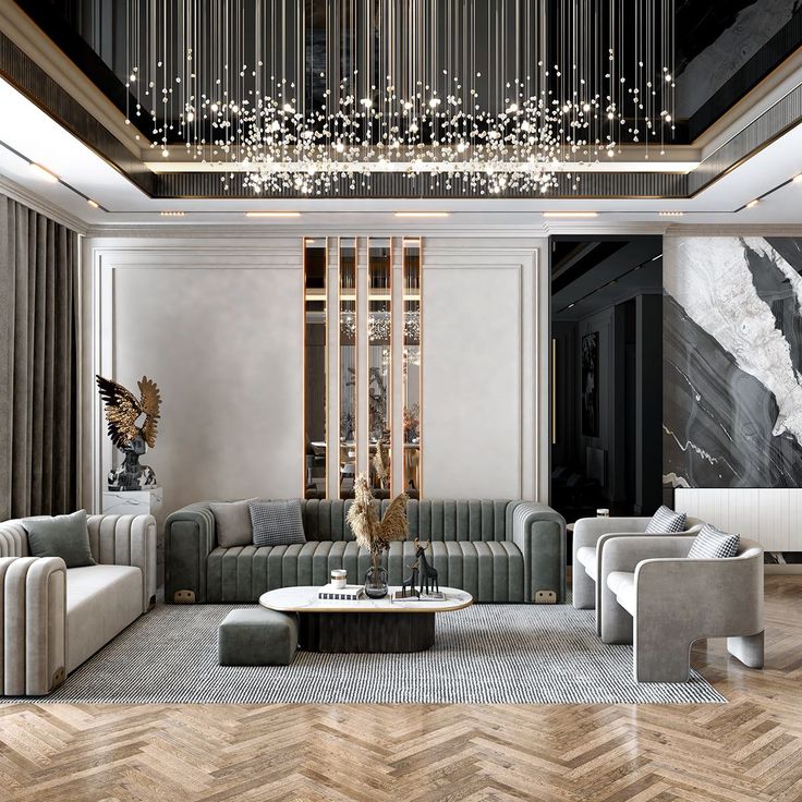 Sàn nhà tân cổ điển sử dụng hoa văn xương cá kết hợp với thảm trãi sàn sang trọng
