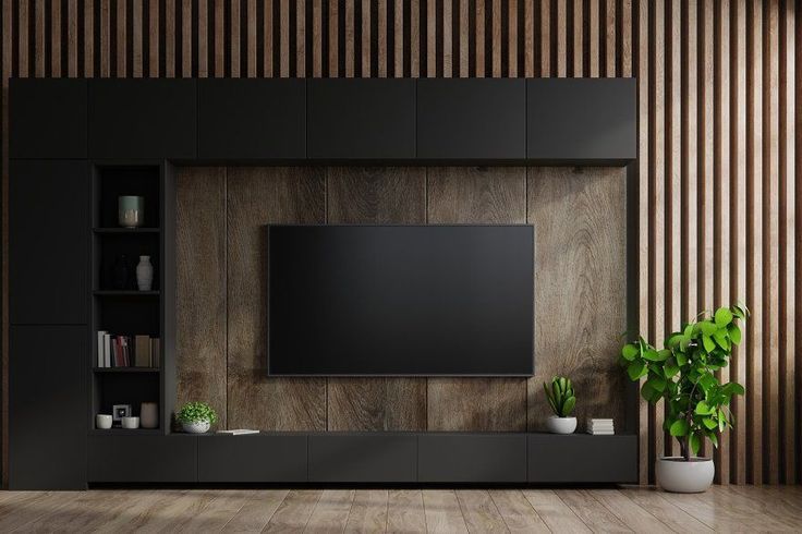 Mẫu vách tivi phòng khách lam sóng gỗ nhân tạo hiện đại