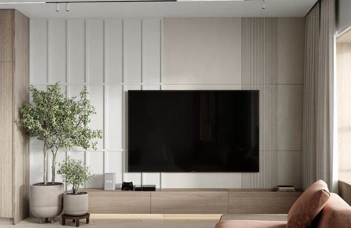 Mẫu vách tivi phòng khách màu trắng phong cách tối giản