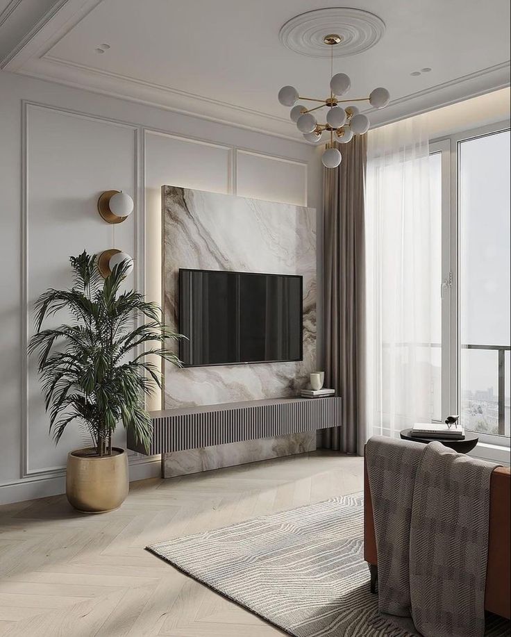 Mẫu vách tivi phòng khách theo phong cách tân cổ điển