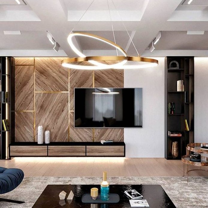 Mẫu vách tivi phòng khách gỗ công nghiệp