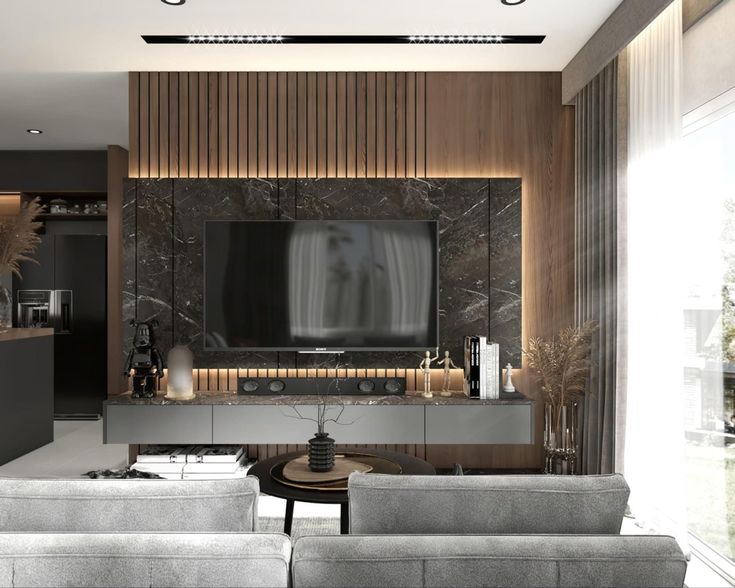 Mẫu vách tivi giả đá kế hợp với lam sóng bằng gỗ