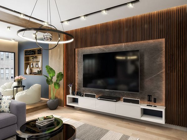 Mẫu vách tivi phòng khách kết hợp với đèn LED