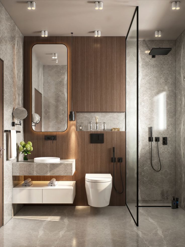 Phòng tắm phong cách Bắc Âu sử dụng tường ốp ván gỗ